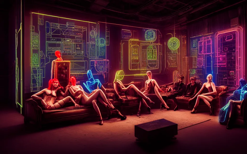 Prompt: A group of people, each person is wearing a leeloo by jean paul gaultier , sitting on an old antique couch in an old room with electronics, like a cyberpunk workshop, all around, very detailed, cyberpunk wires and oled monitors, displaying stock charts, on the walls, digital displays and holographic projections, projections of , ultrarealistic, dramatic lighting, electrical details, high details, 4k, 8k, best, accurate, trending on artstation, artstation, photorealism, ultrarealistic, digital painting, style of Caravaggio, Boris Vallejo