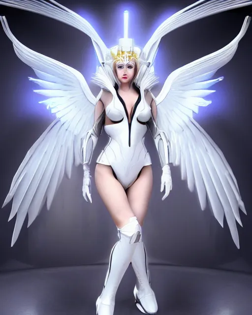 Image similar to perfect white haired attractive egyptian goddess with huge white dove wings, warframe armor, beautiful, symmetric, marilyn monroe, half asian, pretty face, blue eyes, detailed, scifi platform, laboratory, experiment, 4 k, ultra realistic, epic lighting, android body, illuminated, cinematic, masterpiece, art by akihito tsukushi, voidstar