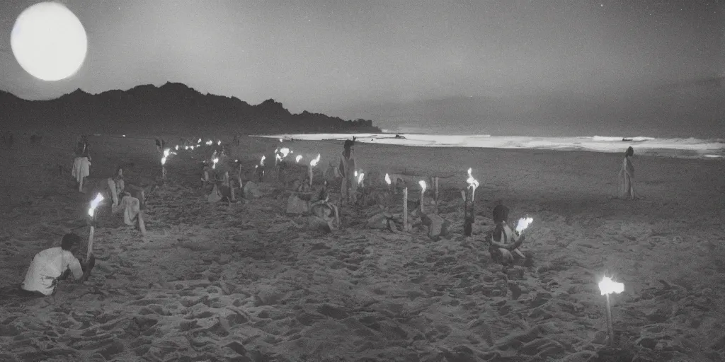 Prompt: Hawaiian native ghosts on a moon lit beach carrying torches