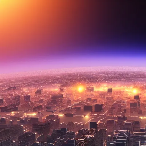 Image similar to gigantic city seen from spce with cinematic light, 8 k landscape render, space japan mech in the space, ice planet, sunset, sunrays