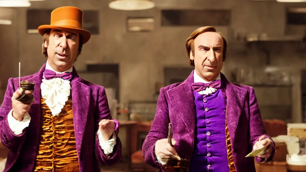 Image similar to saul goodman as Willy Wonka, film still from the movie directed by Denis Villeneuve with art direction by Salvador Dalí, wide lens