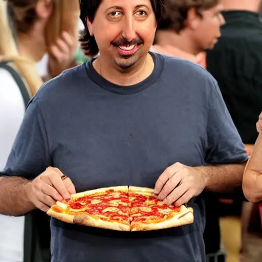 Image similar to Ray Romano eating a slice of pizza