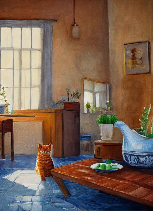 Image similar to MODERN Provence interior with Ginger Cat , Realism, Photograph, living room, inside a house, photorealism, ultra detailed, natural light, photograph, wide angle