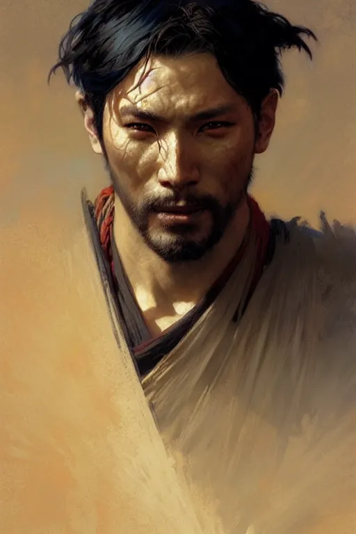 Image similar to attractive man, ghost of tsushima, cool colors, painting by gaston bussiere, craig mullins, greg rutkowski, alphonse mucha