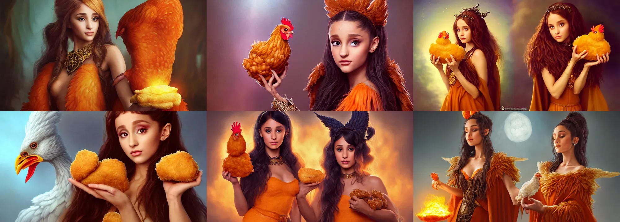 Prompt: ultrarealistic fantasy portrait sorceress ariana grande holding a chicken nugget, orange dress made out of ( chicken nuggets ) ( chicken nugget ) mantle gothic ( chicken nugget ) cloak with intricate details, fantasy character octane render, cinematic lighting, volumetric lighting, artstation, dnd art, cgsociety, sharp focus, digital painting by artgerm, gerald brom, wlop