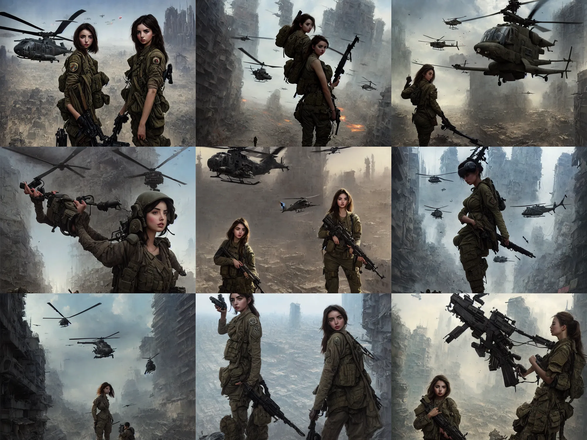 Prompt: beautiful matte painting portrait of a beautiful female modern combat soldier with a face like Ana de Armas, being airdropped by helicopter into apocalyptic downtown Tokyo by Marvel Comics, intricate, Greg Rutkowski, Krenz Cushart and Pan_Ren_Wei and Hongkun_st and Bo Chen and Wayne Barlowe and WLOP, set in the streets of a ruined Tokyo, dapped light, dark fantasy, feminine figure, smooth skin, gorgeous, pretty face, beautiful fashion model body, high detail, digital illustration, trending on artstation