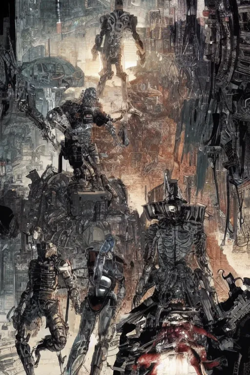 Image similar to cyborg bounty hunters at dawn, a color cover illustration by tsutomu nihei, tetsuo hara and katsuhiro otomo