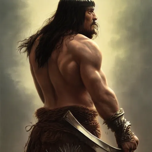 Prompt: Conan the Barbarian, 4k oil on linen by wlop, artgerm, andrei riabovitchev, nuri iyem, james gurney, james jean, greg rutkowski, highly detailed, soft lighting 8k resolution