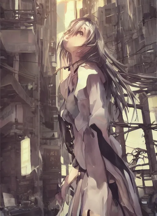 Prompt: 3 d woman stands in a street - poster by wlop, kiyohara tama, krenz cushart, masamune shirow, makoto shinkai, yanjun cheng. featured on pixiv, anime aesthetic, pixiv, anime, cold tones, artstation, power lines, vanitas, official art, gothic dark noise film photo - up portrait