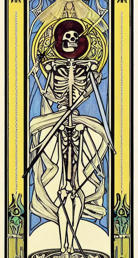 Prompt: a tarot card of a skeleton with a scythe, illustrated in an art deco style by tamara de lempika and an elegant border by alphonse mucha.