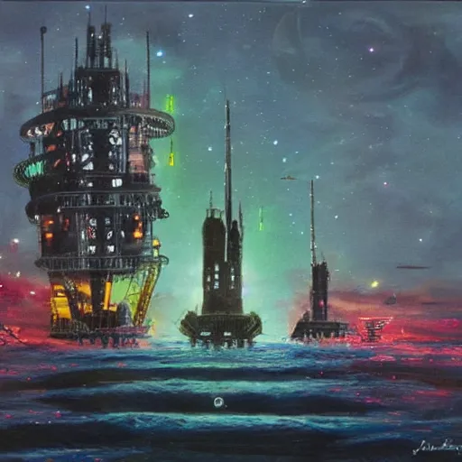 Image similar to an ominous biopunk tower with glowing lights rising in the distance with a ship sailing in the foreground, painting by John Berkley