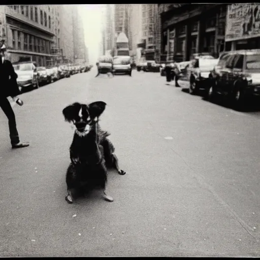 Image similar to wide-shot very low-angle eyesight photo of a dog at the street in New York, polaroid photo, by Andy Warhol, signed