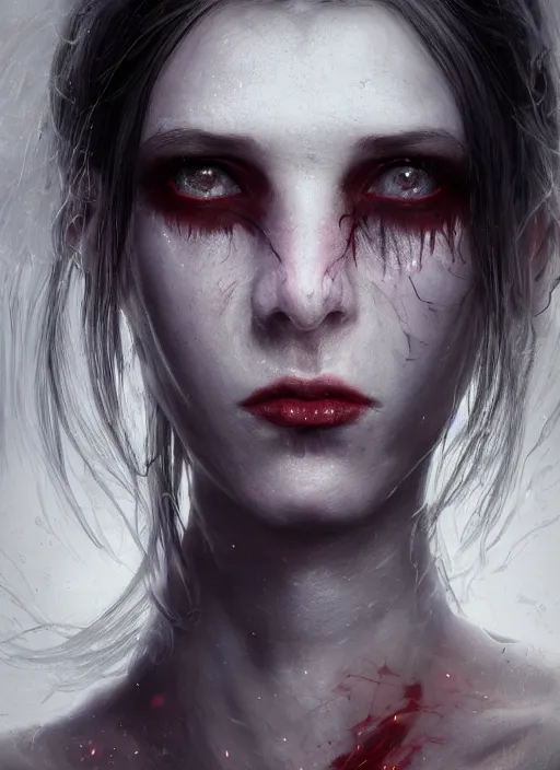 Image similar to portrait of sinister girl with thin evil lips, skeksis, unforgiving, bandaid on nose, expressive eyes, full body, translucent skin, greg rutkowski, charlie bowater, yuumei, stephen gammell, unreal 5, daz, hyperrealistic, octane render, rpg portrait, dynamic lighting, fantasy art, beautiful face