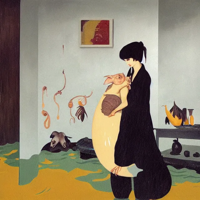 Image similar to tall emo female artist holding a pig's trotter in her flooded kitchen, pomegranates, octopus, water gushing from ceiling, painting of flood waters inside an artist's apartment, a river flooding indoors, ikebana, zen, rapids, waterfall, black swans, canoe, berries, acrylic on canvas, surrealist, by magritte and monet