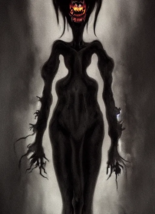 Image similar to dark portrait painting of tracer from overwatch, in style of zdzisław beksinski, scary, horror, overwatch tracer character, evil grin, detailed face, dressed in dark garment, black tendrils, tall,