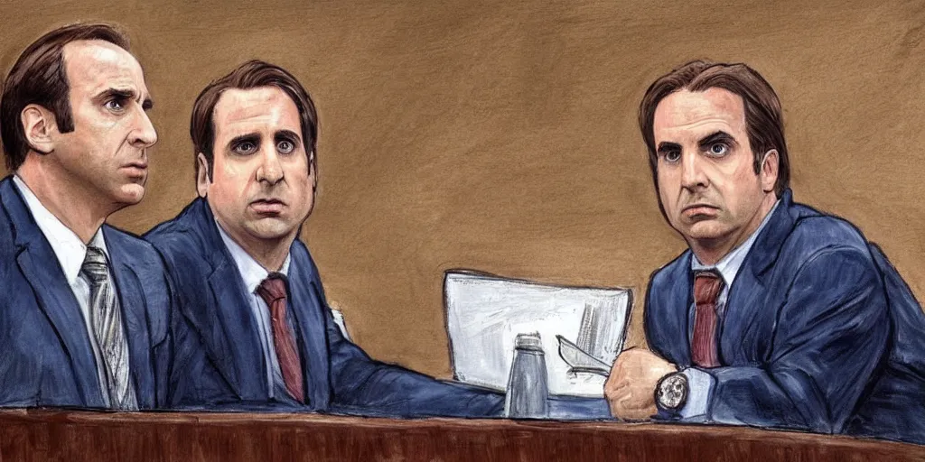 Image similar to saul goodman defending michael scott in acourt, courtroom painting