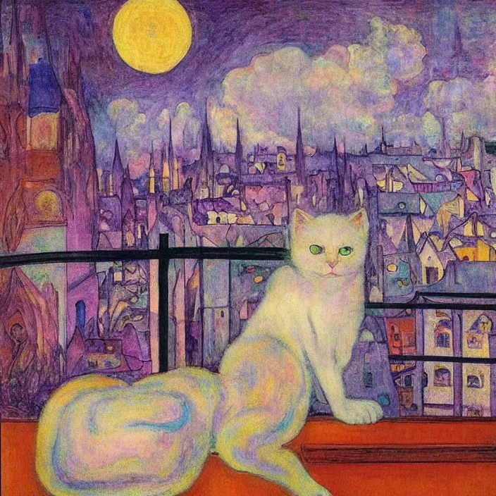 Image similar to dreamy fuzzy white cat sitting in a window, city with gothic cathedral. sun setting through the clouds, vivid iridescent psychedelic colors. munch, agnes pelton, egon schiele, henri de toulouse - lautrec, utamaro, matisse, monet