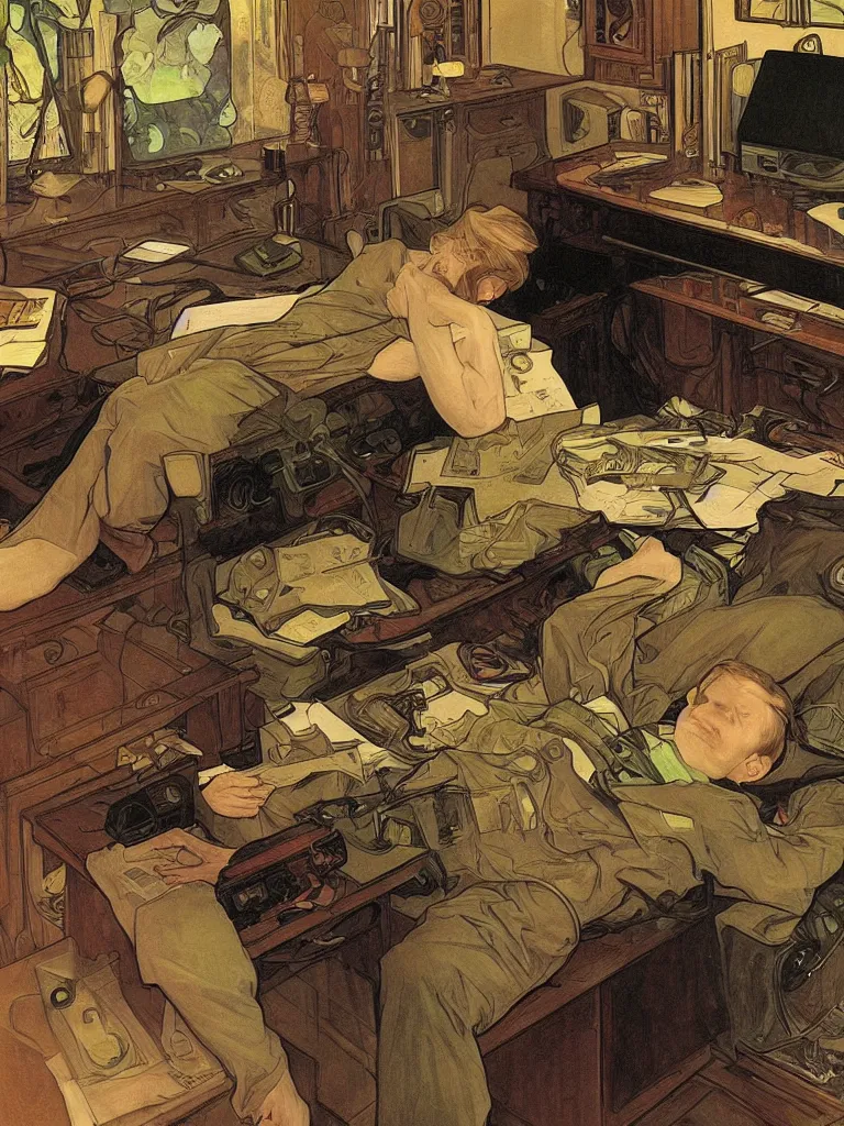 Prompt: John Carmack sleeping at desk near 90s computer running quake II, alphonse mucha style, impressionistic