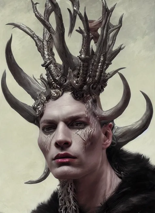 Image similar to half demon half human intricate skin man, elegant, peaceful, full body, white horns, hyper realistic, extremely detailed, dnd character art portrait, fantasy art, intricate fantasy painting, dramatic lighting, vivid colors, deviant art, artstation, by edgar maxence and caravaggio and michael whelan and delacroix.