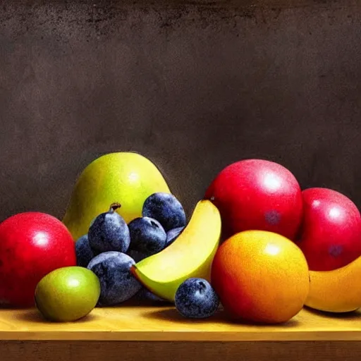 Image similar to melancholic, defined by marek okon. a still life of fruit on a table. the fruit is arranged in a pyramid shape, with the largest pieces of fruit at the bottom & the smallest pieces of fruit at the top. the colors are bright & the illustration has a lot of texture.