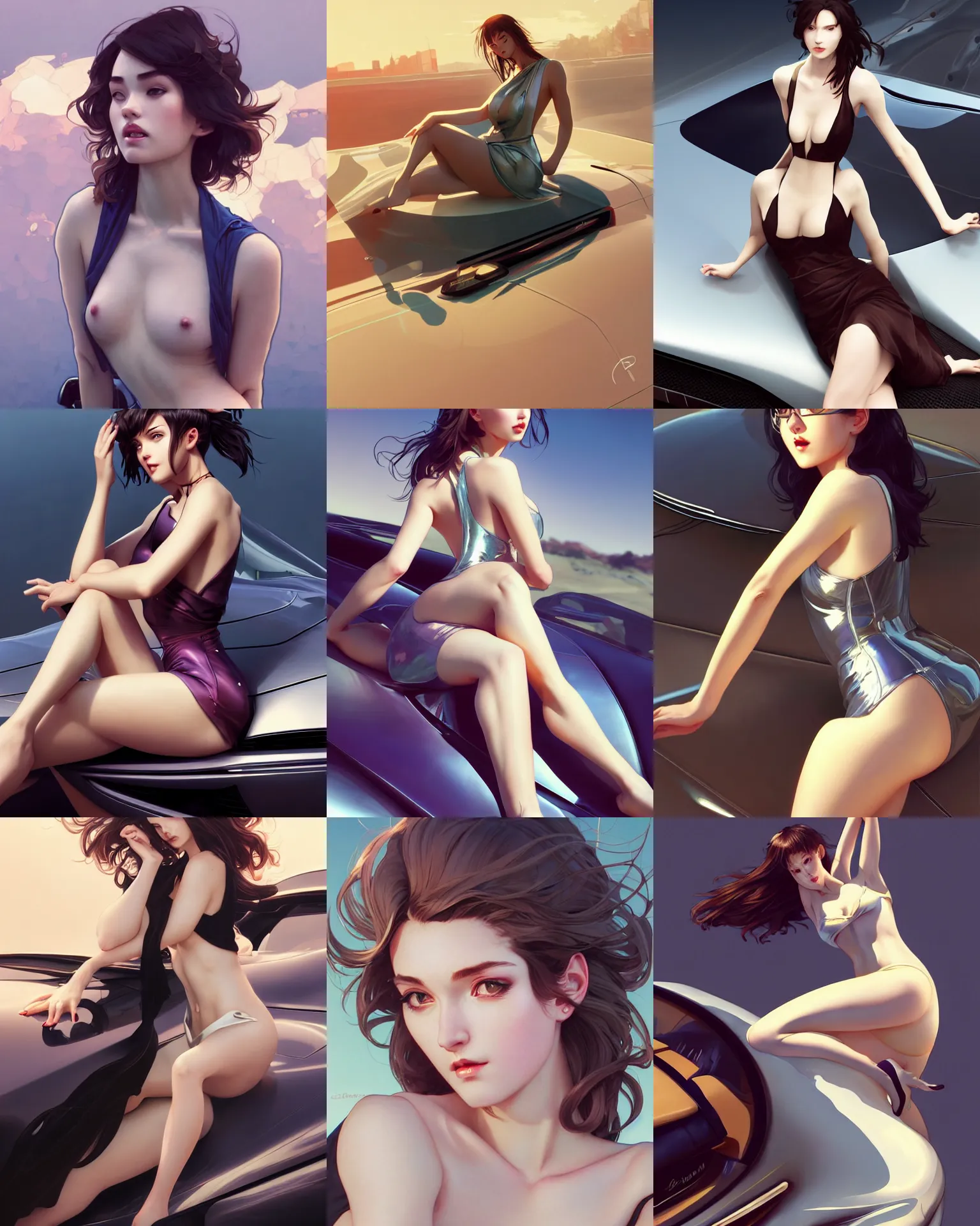 Prompt: sexy perky girl with low cut shiny dress lean on sports car. symmetry face, fine details, intricate, elegant, illustration, matte, art by wlop and artgerm and greg rutkowski and alphonse mucha and caidychen and kuvshinov ilya, raytracing, octane, trending on artstation