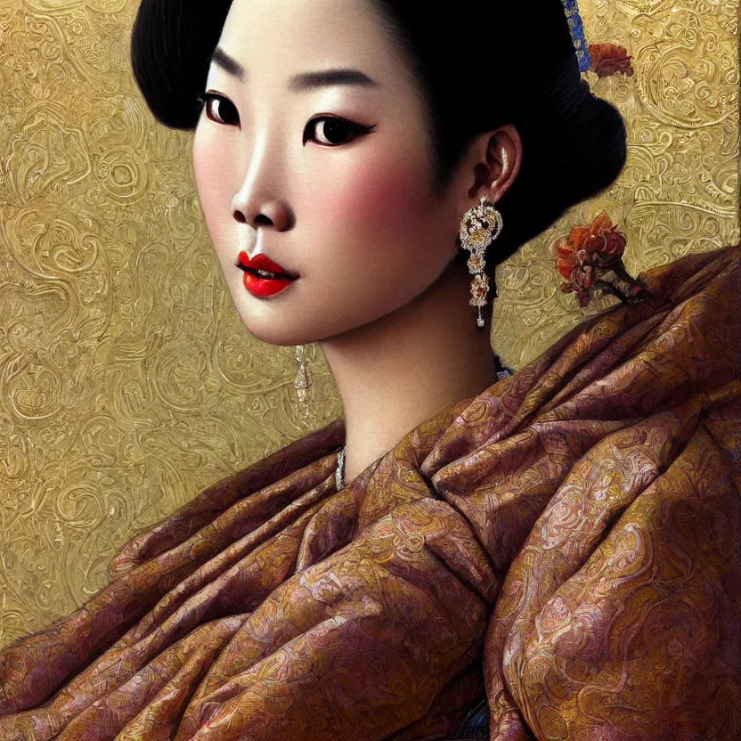 Image similar to close up portrait of the elegantly beautiful, sophisticated, slender rich vietnamese princess, imagining the rings of saturn. intricate eye detail focus, baroque, batik, by norman rockwell, range murata jeremy lipking, trending on pinterest, vivid 8 k sharp depth of field, pristine global illumination, smooth 3 d, wallpaper quality.