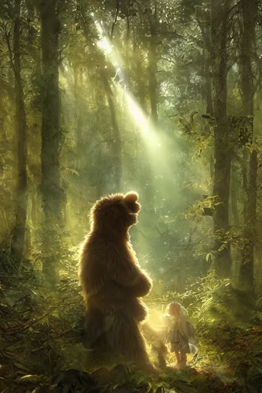 Image similar to mean fluffy teddybear protecting girl in a forest with rays of light coming through the canopy, masterpiece, dystopian, sci-fi, extremely detailed, digital painting, sculpted in zbrush, artstation, concept art, smooth, sharp focus, illustration, chiaroscuro lighting, golden ratio, incredible art, artgerm, greg rutkowski, alphonse mucha, simon stalenhag, carravaggio