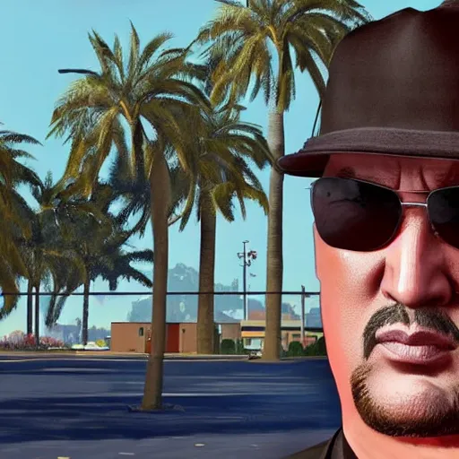 Image similar to Steven Seagal in GTA V . Los Santos in background, palm trees. in the art style of Stephen Bliss