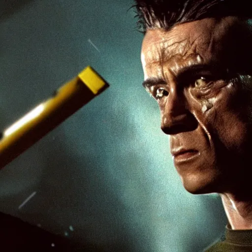 Image similar to rock - man as a soldier smoking a cigarette, still from the movie universal soldier, still from the movie terminator, fog, dramatic lighting, cinematic, 4 k, full body shot, backlit, rim lighting, full body photgraph, shap, football armor, cyberpunk, bladerunner, extreme detail, light rain, trending on artstation, spot light