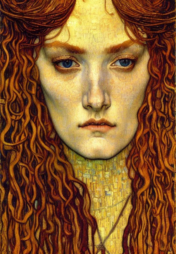 Image similar to detailed realistic beautiful young medieval queen face portrait by jean delville, gustav klimt and vincent van gogh, art nouveau, symbolist, visionary, gothic, pre - raphaelite, muted earthy colors, desaturated