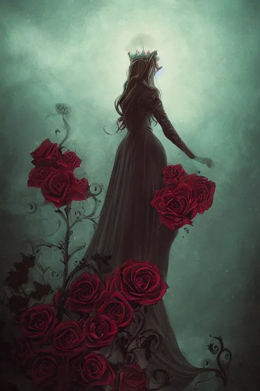 Prompt: elegant fairytale tower covered in roses, full body portrait of medieval princess, cottagecore, nostalgia of a fairytale, Exquisite, dramatic lighting, black paper, by Charlie Bowater, Anato Finnstark, Brom