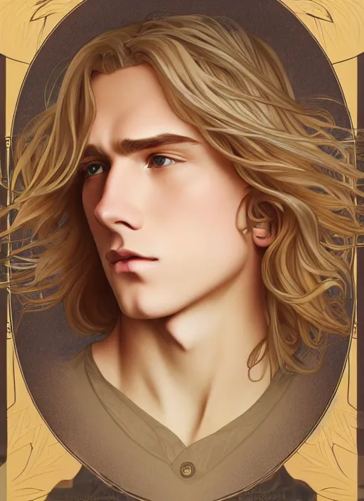 Image similar to pretty young man with shoulder length shiny shimmering golden blond hair, path traced, highly detailed, high quality, digital painting, by studio ghibli and alphonse mucha, leesha hannigan, disney