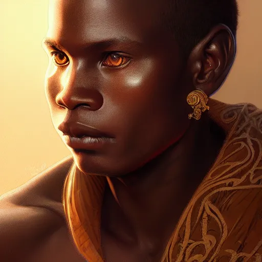 Image similar to illustration of a malian boy, d & d, fantasy, intricate, elegant, highly detailed, digital painting, artstation, concept art, smooth, sharp focus, illustration, art by artgerm and greg rutkowski and alphonse mucha