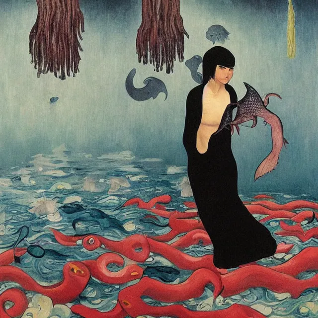 Image similar to tall emo female artist holding a large fish in her flooded kitchen, pomegranates, octopus, water gushing from ceiling, painting of flood waters inside an artist's apartment, a river flooding indoors, ikebana, zen, rapids, waterfall, black swans, canoe, berries, acrylic on canvas, surrealist, by magritte and monet