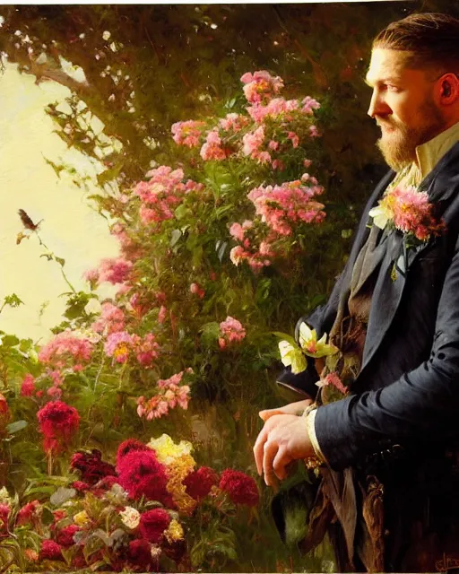 Prompt: tom hardy admiring a table full of flowers, golden hour painting by gaston bussiere, craig mullins, j. c. leyendecker