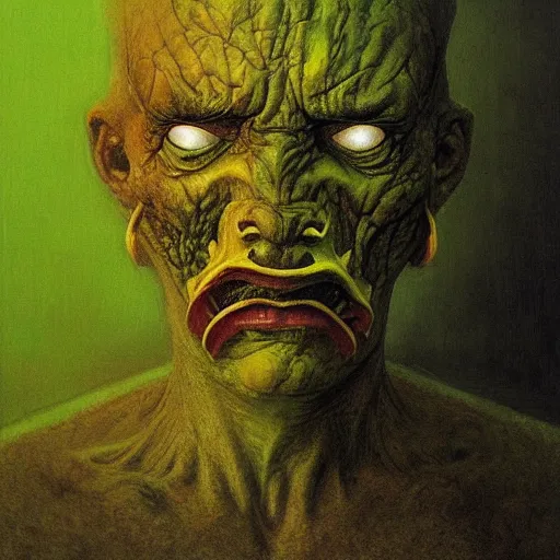 Prompt: Portrait of Angry man with Holes in his face, dark fantasy, yellow and green, artstation, painted by Zdzisław Beksiński and Wayne Barlowe