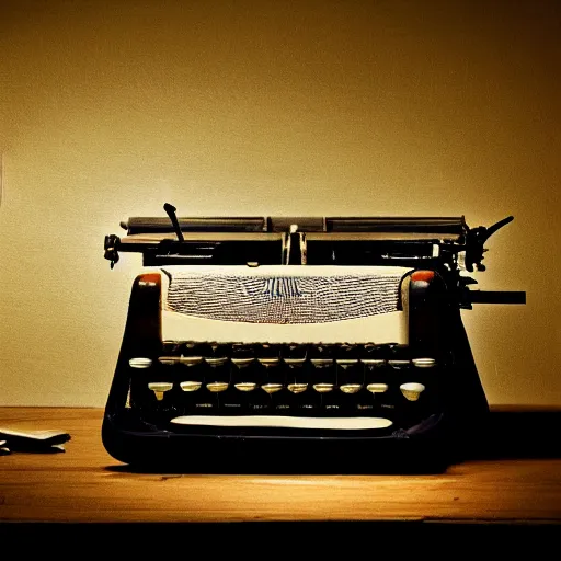 Image similar to painting of a typewriter on a desk in a dimly lit room, volumetric lighting, style of greg rutkowski