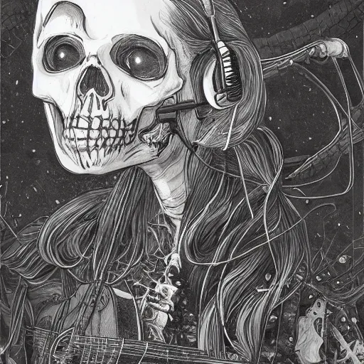 Image similar to skeleton wearing headphones, watching girl playing guitar while her black cat standing next to her, detailed intricate ink illustration, dark atmosphere, detailed illustration, hd, 4k, digital art, overdetailed art, by greg rutkowski, by loish, complementing colors, Trending on artstation