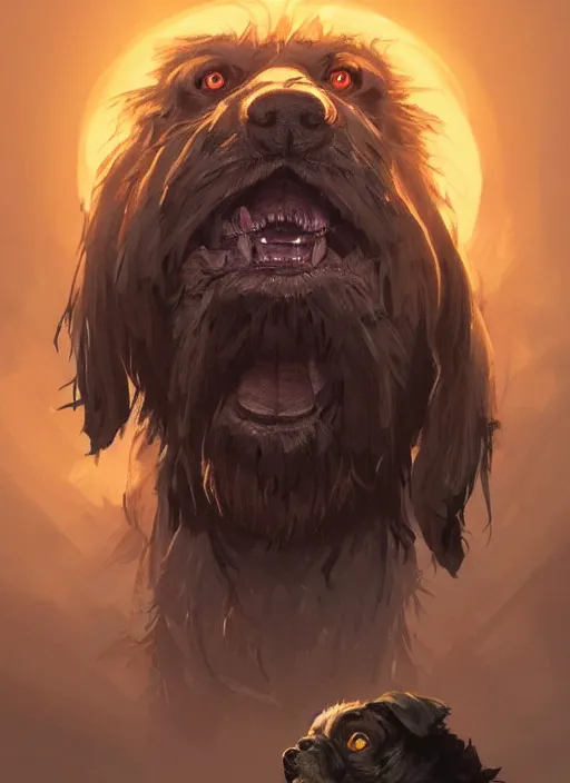 Prompt: vicious dog with three heads, glowing eyes and matted fur, sinister portrait, highly detailed, digital painting, artstation, concept art, matte, sharp focus, illustration, dramatic, cinematic sunset, hearthstone, art by artgerm and greg rutkowski and alphonse mucha