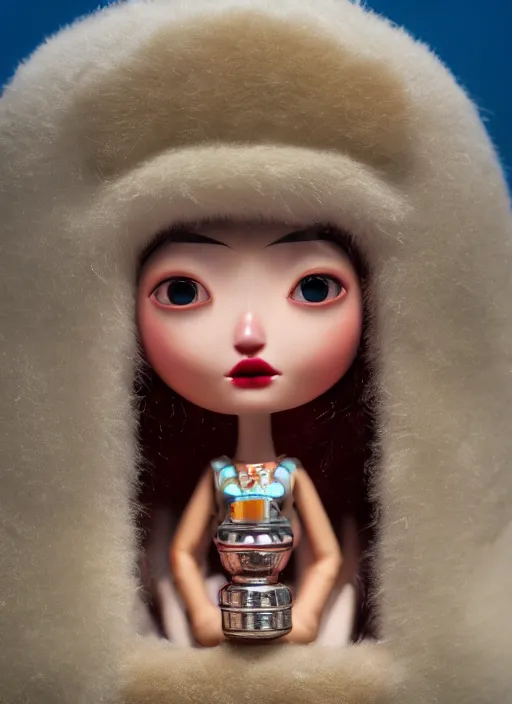 Image similar to closeup profile portrait of tin toy eskimo igloo bikini girl, depth of field, zeiss lens, detailed, symmetrical, centered, fashion photoshoot, by nicoletta ceccoli, mark ryden, lostfish, breathtaking, 8 k resolution, extremely detailed, beautiful, establishing shot, artistic, hyperrealistic, octane render