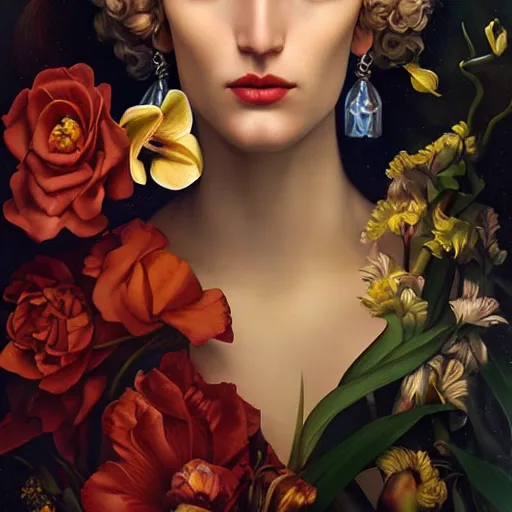 Image similar to dynamic composition, blonde woman with hair of irises and spring flowers wearing ornate earrings, ornate gilded details, a surrealist painting by tom bagshaw and jacek yerga and tamara de lempicka and jesse king, wiccan, pre - raphaelite, featured on cgsociety, pop surrealism, surrealist, dramatic lighting