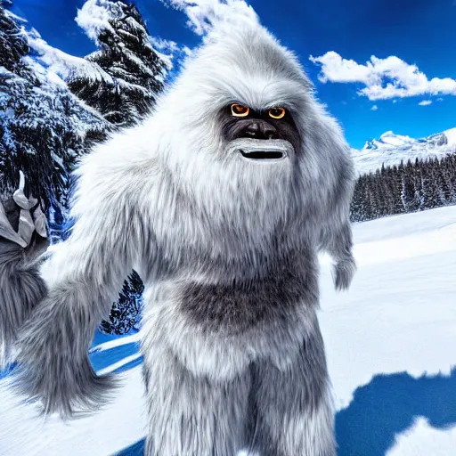 Prompt: a monstrous yeti wanders through a mountainous snowy landscape