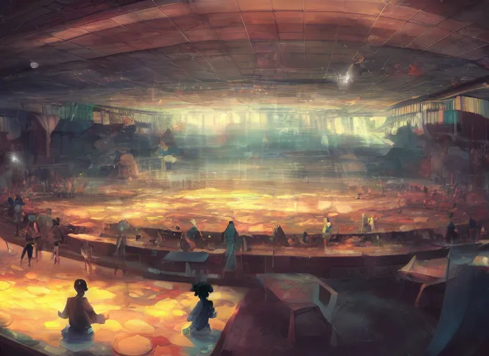 Image similar to anime background clean neat clarity professional visual development set design, large hall, a lot of people sitting on round 1 0 tables, dim painterly lighting volumetric aquatics, impasto, trending on pixiv