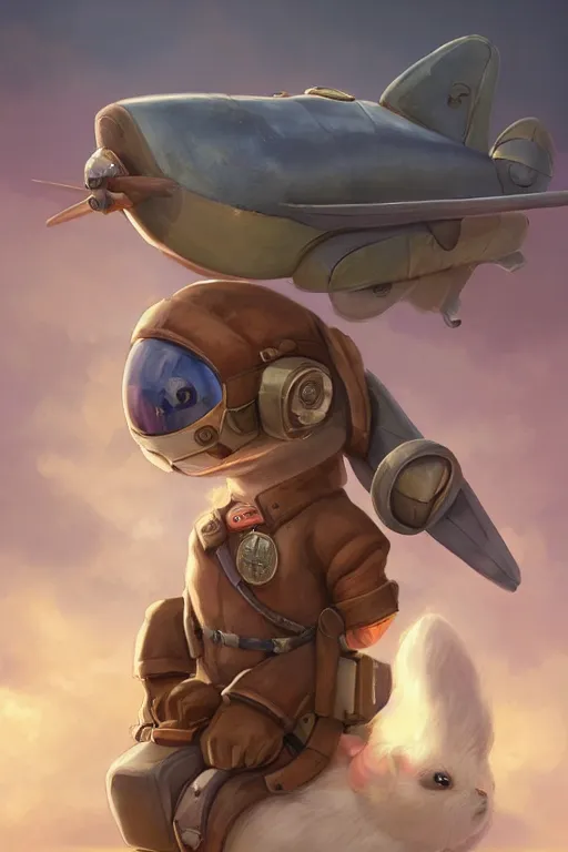 Image similar to cute little anthropomorphic Guinea Pig Pilot standing next to its plane, tiny, small, short, Pilot driver outfit, cute and adorable, pretty, beautiful, DnD character art portrait, matte fantasy painting, DeviantArt Artstation, by Jason Felix by Steve Argyle by Tyler Jacobson by Peter Mohrbacher, cinematic lighting