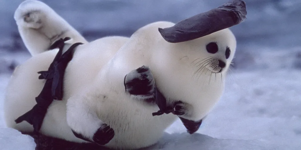 Image similar to a baby harp seal dressed as geralt from the witcher, film still
