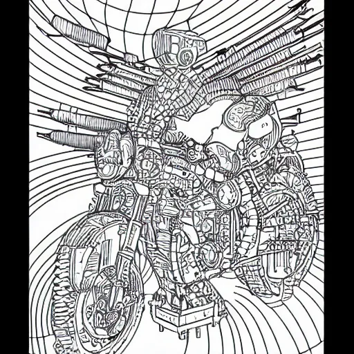 Image similar to Simplistic coloring book of a turbine blueprint, black ball pen on white paper, by Josan Gonzalez and Geof Darrow