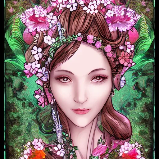 Prompt: beautiful digital drawing of a goddess with flowers surrounding her, qinni, deviantart, trending on artstation