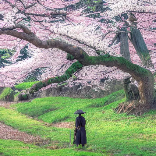 Prompt: A lone samurai watching over a valley of cherry blossom trees, decayed, concept art, HD —H 1024