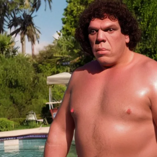 Image similar to andre the giant from the movie my pool party, movie still, 8 k, realistic