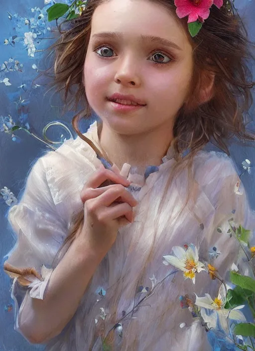 Image similar to a little girl with short wavy brown hair and blue eyes with her face painted. face painting of flowers. beautiful highly detailed face. painting by artgerm and greg rutkowski and raymond swanland.